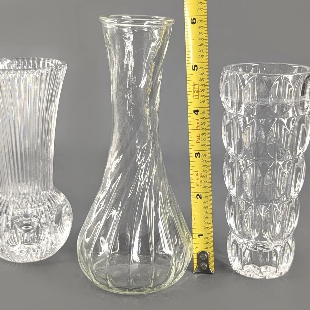 Vintage Clear Glass Bud Vases Set 3 Ribbed Swirl Thumbprint 5 to 6 Inch